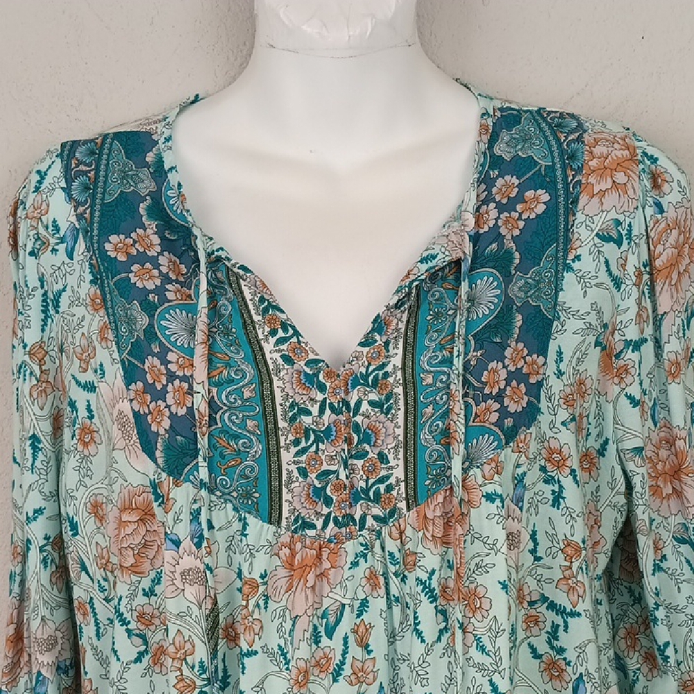Womens Floral Bohemian Long Sleeve Blouse Babydoll sz L - Picture 5 of 13